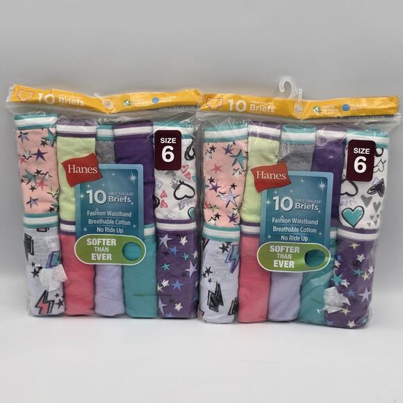 Lot Of 2 Hanes Girls Tagless Super Soft Cotton Briefs 10 pack Size 6 - Picture 1 of 2